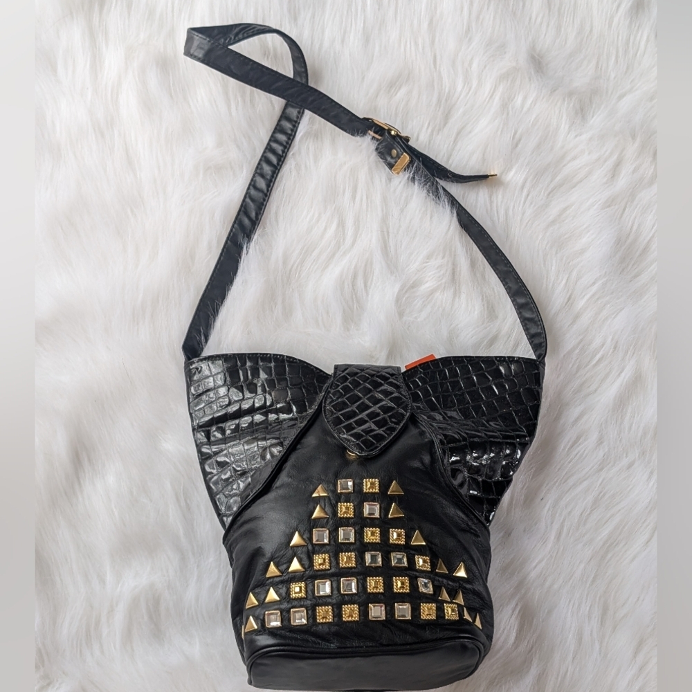 Vintage Handmade In NYC Black Genuine Leather Studded Shoulder Bag Purse